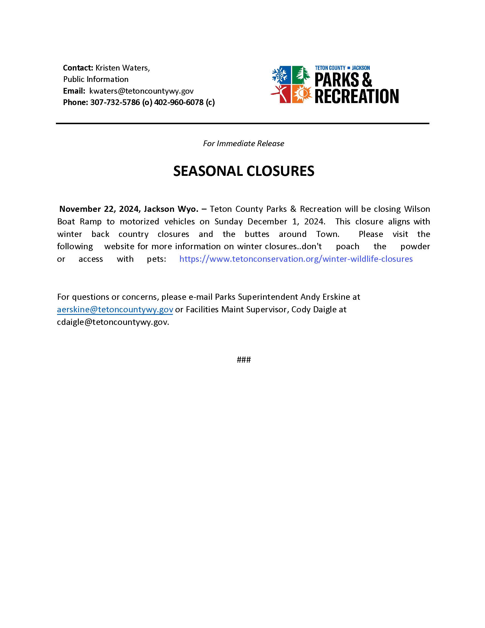 Winter Closures 11.22.24