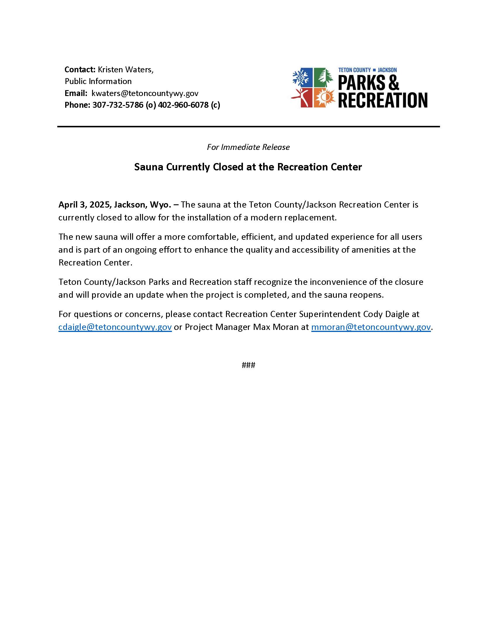 Rec Center Sauna Closed for Upgrade_04-03-2025