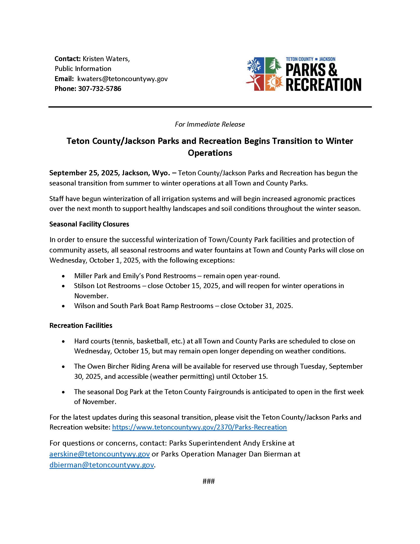 Town and County Parks Seasonal Transition 9.26.25